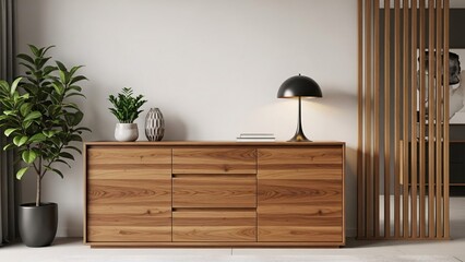 Modern wooden sideboard with decorative items in a minimalist living room