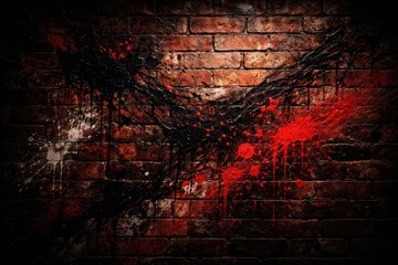 Obraz premium Red brick wall with textured surface and colorful black and red paint splash patterns
