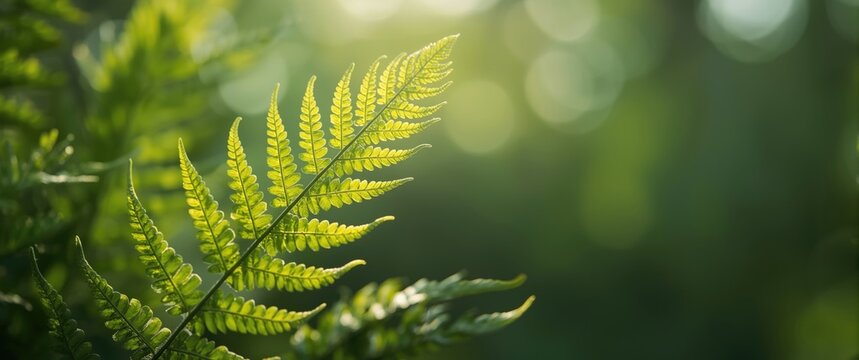 Macro shot of a lush green fern leaf with a soft-focus background