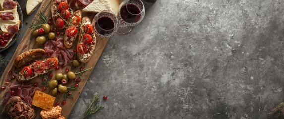 Table of appetizers with italian antipasti, snacks, and wine in glasses, showcasing bruschetta and authentic spanish tapas set, cheese variety board on grey concrete surface