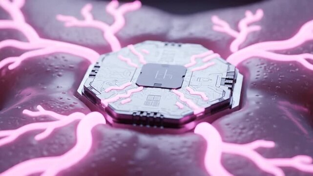 A futuristic bio-tech concept shows a hexagonal metallic chip embedded in a fleshy, pulsating surface, surrounded by glowing pink, branching neural networks for 8 seconds.