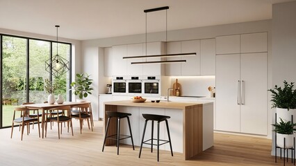 Modern kitchen with island and dining area near large windows
