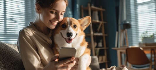 The Corgi Dog and Woman Sharing a Joyful Moment While Using a Smartphone