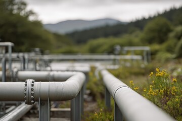 A network of industrial metal pipes supported by frames runs through a grassy landscape with distant forested hills under an overcast sky