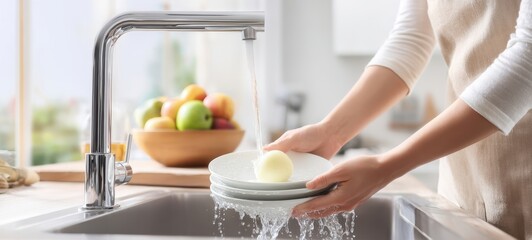 The Plates Being Rinsed Under A Modern Kitchen Faucet In Bright Morning Light