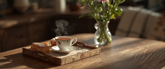 Fototapeta premium Tea and cakes on a wooden tray placed on a table inside a room