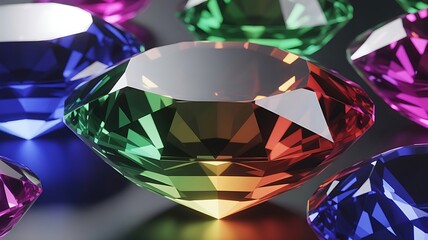 A collection of vibrant, multi-colored gemstones surrounded by polished, faceted jewels in various hues, showcasing their intricate facets and colorful reflections and refractions of light.