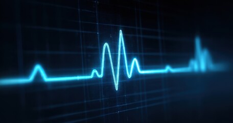 The electrocardiogram heartbeat waveform glowing on a futuristic blue digital grid background