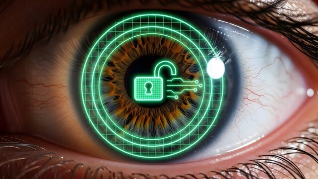 A close-up of a human eye with a digital lock and circuit board design
