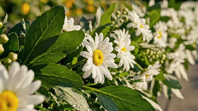 Vibrant Daisy Flower Green Leaf Floral Arrangement Seamless Line Botanical Chamomile Foliage White Petal Design for Garden Background Video
