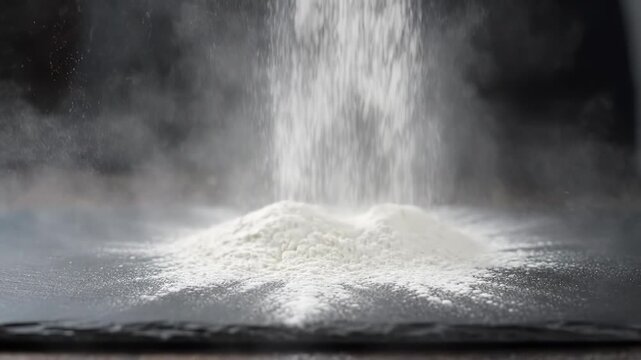 Pure white powder cascades onto a dark surface, building a perfect heap while subtle dust particles float, highlighting process and purity in material handling