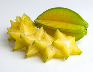 Fototapeta premium Fresh starfruit sliced to reveal natural star shaped geometry, tropical fruit study highlighting botanical structure, vibrant yellow color and clean ingredient form