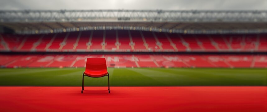 Horizontal view of a bright red stadium seat in Liverpool