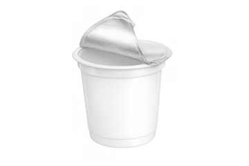 Open yogurt cup mockup, blank empty plastic container with peeled foil lid for dairy product branding