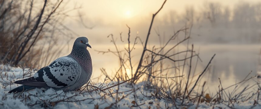 Stunning rock pigeon resting on a cold winter morning near a lake