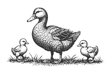 Obraz premium Mother duck with her cute ducklings walking on grass in vintage hand-drawn line art engraving style, farm wildlife nature vector illustration for design.