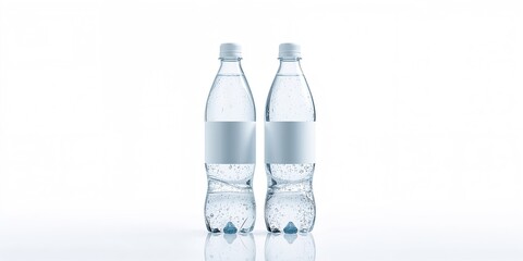 Pair of water bottles against a plain white backdrop, suitable for advertising or packaging