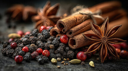 Aromatic Spices Cinnamon Star Anise and Peppercorns Still Life.