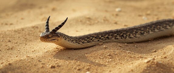 Fototapeta premium The venomous viper species Cerastes cerastes, commonly called the Saharan Horned Viper or Desert Horned Viper, inhabits deserts across North Africa and sections of the Middle East