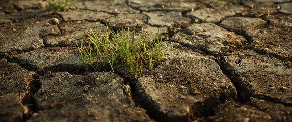 Obraz premium Dry soil with cracks, grass shoots, and footprints