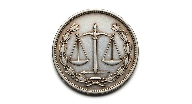 A coin with the scale of justice engraved. 