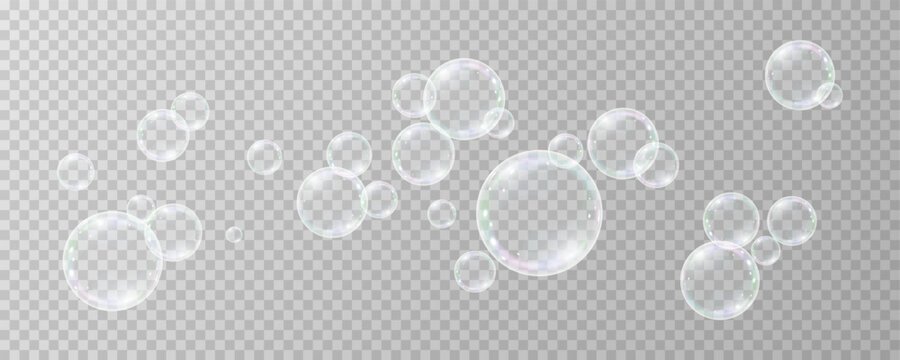 Soap Bubbles are located on a transparent background . Collection of realistic bubbles, 3D soap balloon. Foam, powder, Png, soap, detergen, Vector flying bubbles.