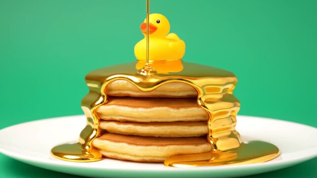 A stack of pancakes, topped with a yellow rubber duck, is slowly drenched in shiny, thick golden syrup pouring down and dripping over the edges onto a white plate against a vibrant green background.