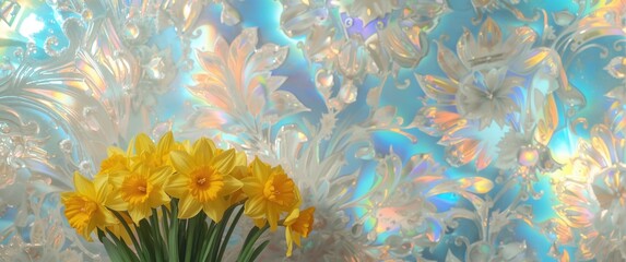 Kaleidoscope Effect Featuring Daffodils Bouquet on a Holographic Background