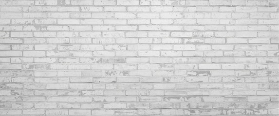 Fototapeta premium White brick wall horizontally aligned background featuring cement texture for pattern and backdrop, suitable for interior design websites and loft office style displays