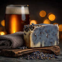 Artisan Lavender Soap with Beer and Towel Still Life.