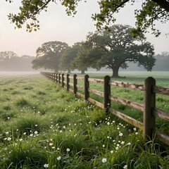 Peaceful Green Meadow with Wooden Fence and Trees in Morning Light.