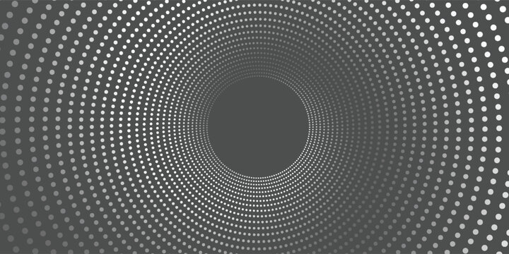 Abstract digital tunnel with glowing white dots on a dark grey background creating a futuristic vortex effect.