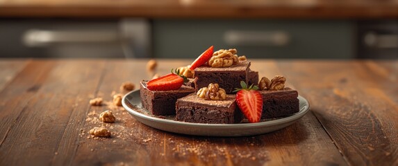 Web banner featuring assorted chocolate brownie pieces with nuts and strawberry on the table - Homemade dessert
