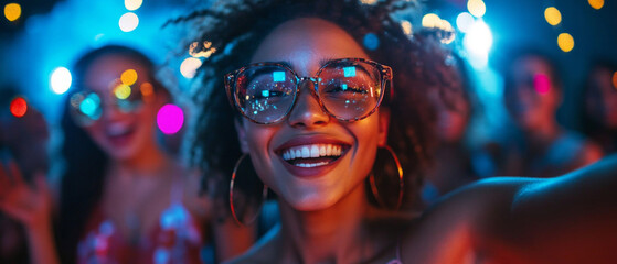 A cheerful girl wearing glittery glasses enjoys herself at a vibrant party, surrounded by colourful lights, creating the perfect atmospheric backdrop for advertising youth events.