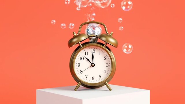 Submerged in a coral-orange environment, a bronze alarm clock rests on a white pedestal as numerous bubbles slowly ascend. A large, iridescent bubble floats near the clock's bells, emphasizing the sl