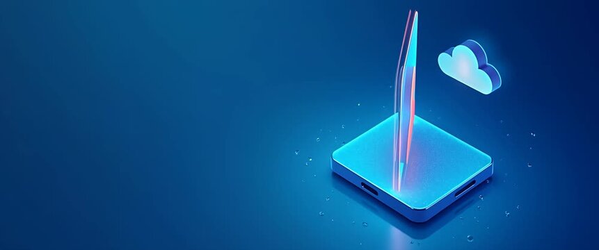 Futuristic holographic avatar icon gently rotates on a digital platform, as the camera slowly pans across a sleek, blue-toned virtual environment with subtle particle motion, creating a cinematic tech