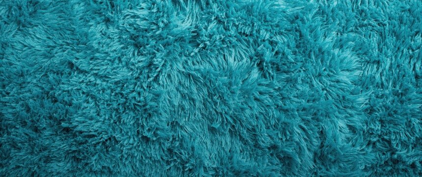 Turquoise shaggy carpet texture featuring fluffy synthetic textile fur and plush blanket cloth backdrop