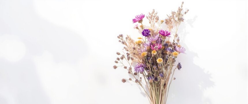 Close-up of dried flowers such as purple caspia, statice, and lavender with selective focus on a white background