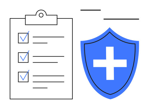 Health insurance, security, protection, medical coverage, safety assurance, healthcare planning. A clipboard checklist and a shield with a cross. Health insurance and security icon concept