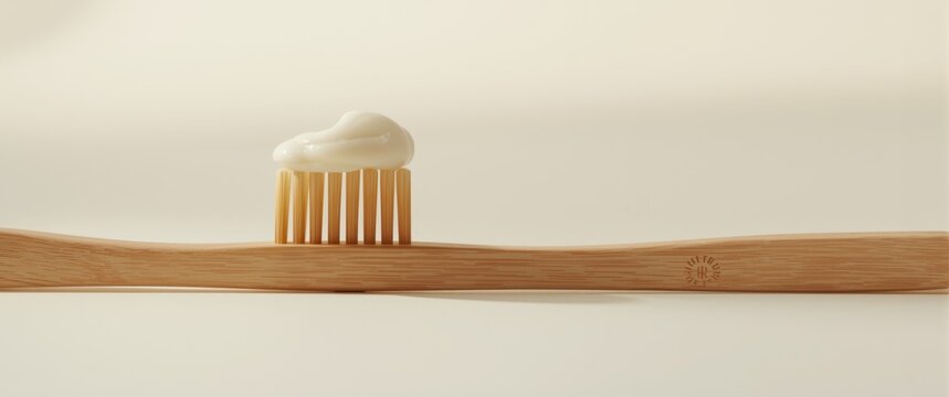 Wooden eco toothbrush featuring toothpaste against a white background