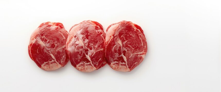 Raw pork neck slices without bones from three cuts, displayed against a white background