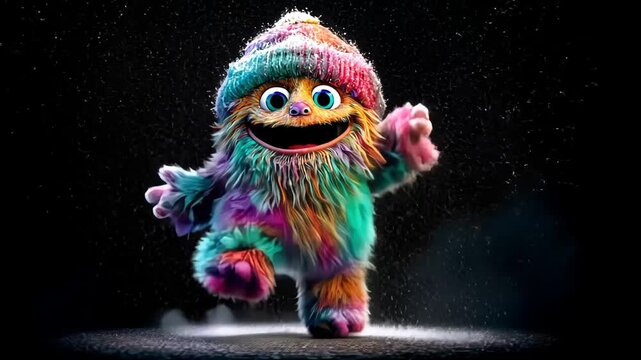 Colorful Furry Monster: Whimsical Animated Figure with Joyful Expression and Vibrant Colors