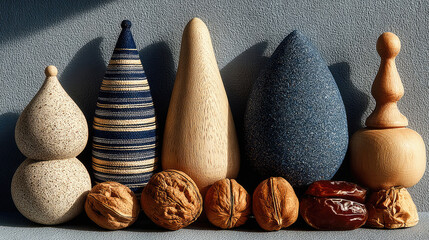 Arrangement of Wooden Objects and Walnuts in Natural Light.