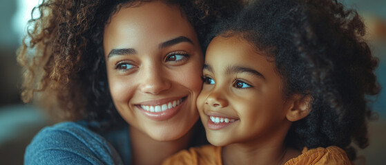 The tender smile of a mother and child conveys the warmth of family ties and joy, providing a warm backdrop for social advertising and projects promoting family values.