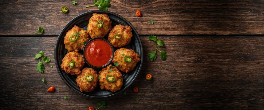 Moong Dal Vada crispy and flavorful, known as pakoras, bhajias, or fritters, served with fried chilli and hot red and green sauces on a colorful or wooden background