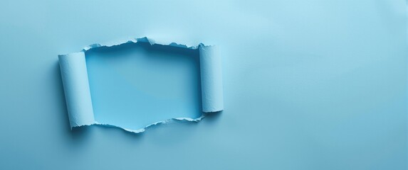 Torn-sided paper hole on a blue background, showing through. An accurate shot symbolizing advertising innovation and design for print or text.