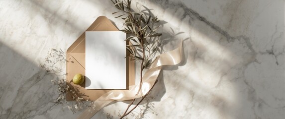 Mock-up of summer wedding stationery scene featuring blank greeting card, invitation, craft envelope, olive fruit, branch, and silk ribbon against an elegant marble background in sunlight, top view