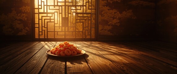 On the wooden floor, an abstract pattern resembles natural wood grain, illuminated by warm sun rays coming through an Asian-inspired window, showcasing a delicious handmade baked shrimp sna.
