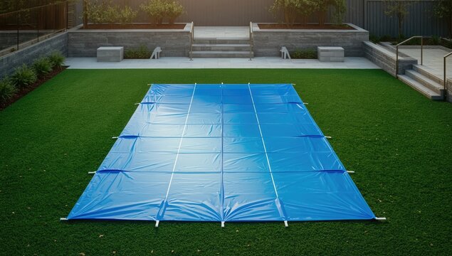 Covered pool with protective blue tarp to keep water clean and free of debris