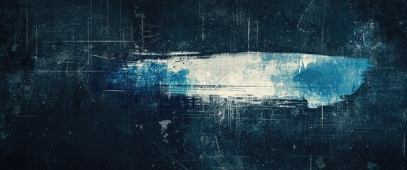 Distressed glitch abstract backdrop including dark grunge old film texture, white and blue acrylic paint strokes, dust, scratches, grain, and noise overlay